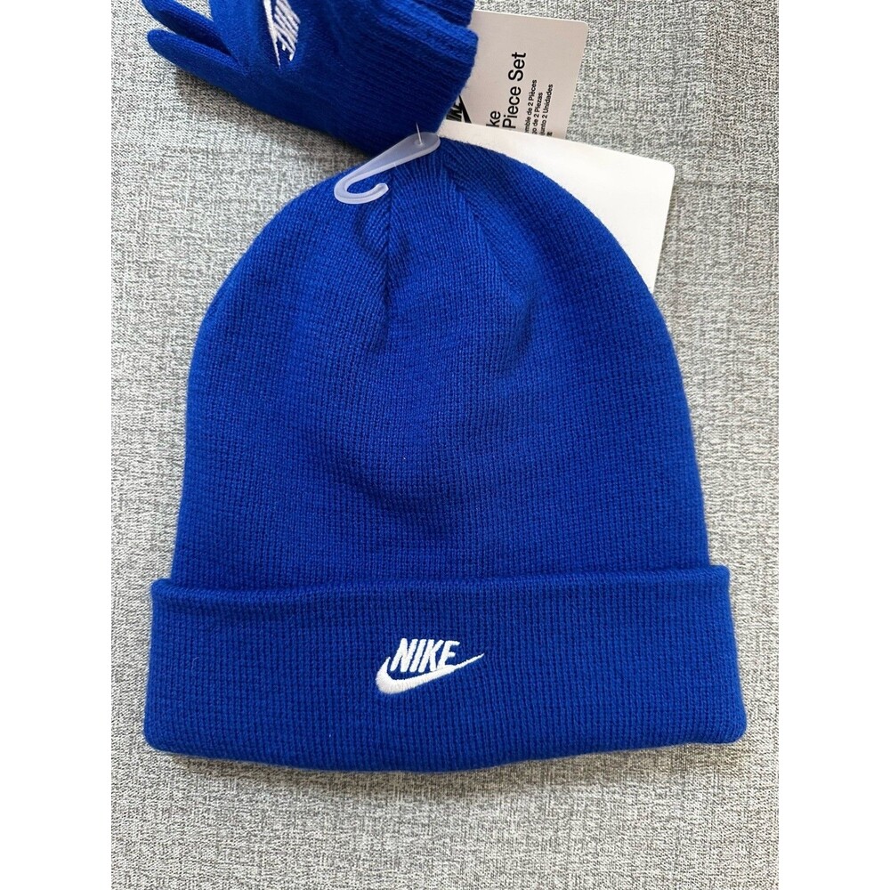 Nike Beanie & Gloves Set Kids Boys Unisex Logo Blue White Knit - Picture 2 of 4